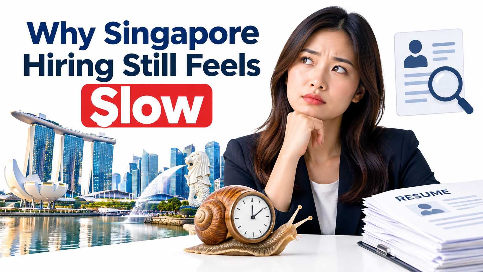 A businesswoman looking concerned next to a snail-shaped clock and a pile of resumes in Singapore.
